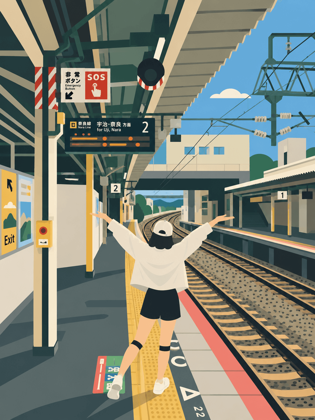 Illustration of Reina standing on a train station platform with arms raised
