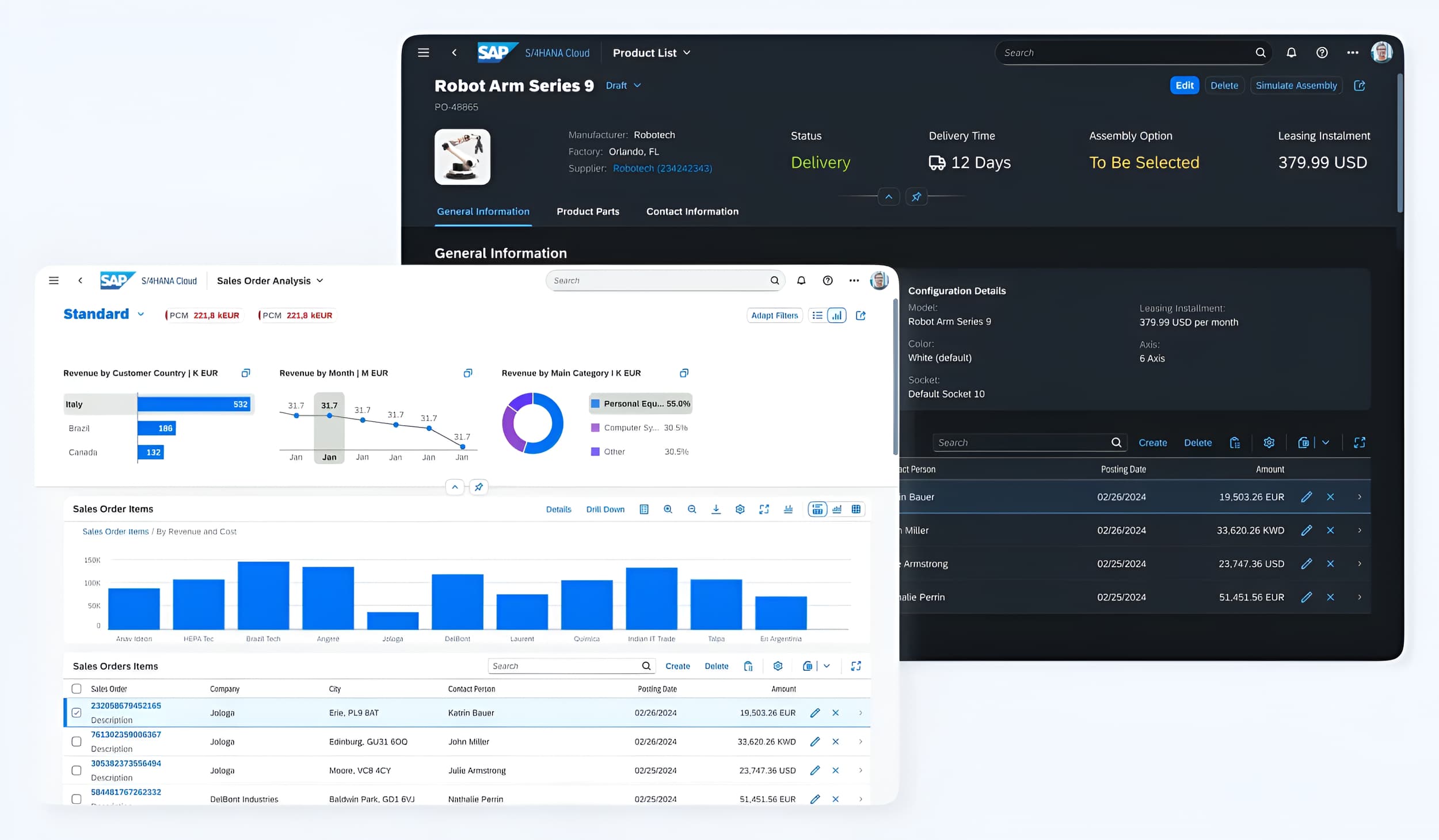 SAP Fiori dashboard mockups showing light and dark theme components