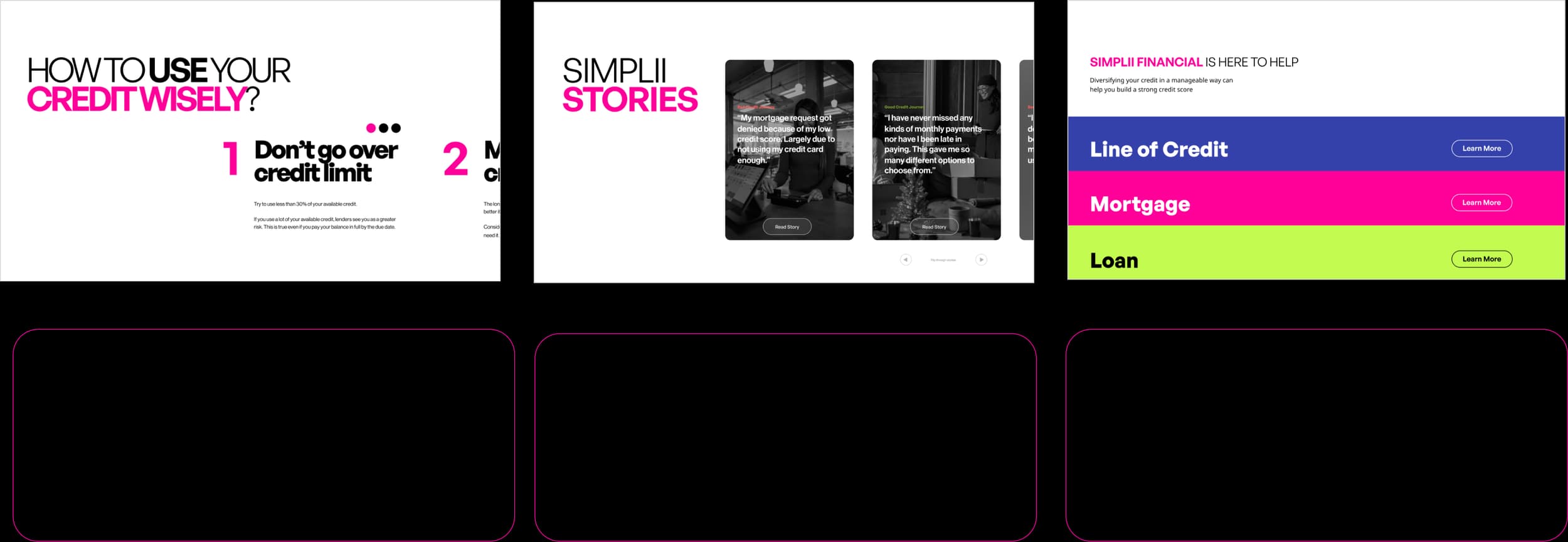 Prototype screens with feedback annotations for credit decisions, testimonies, and here to help sections