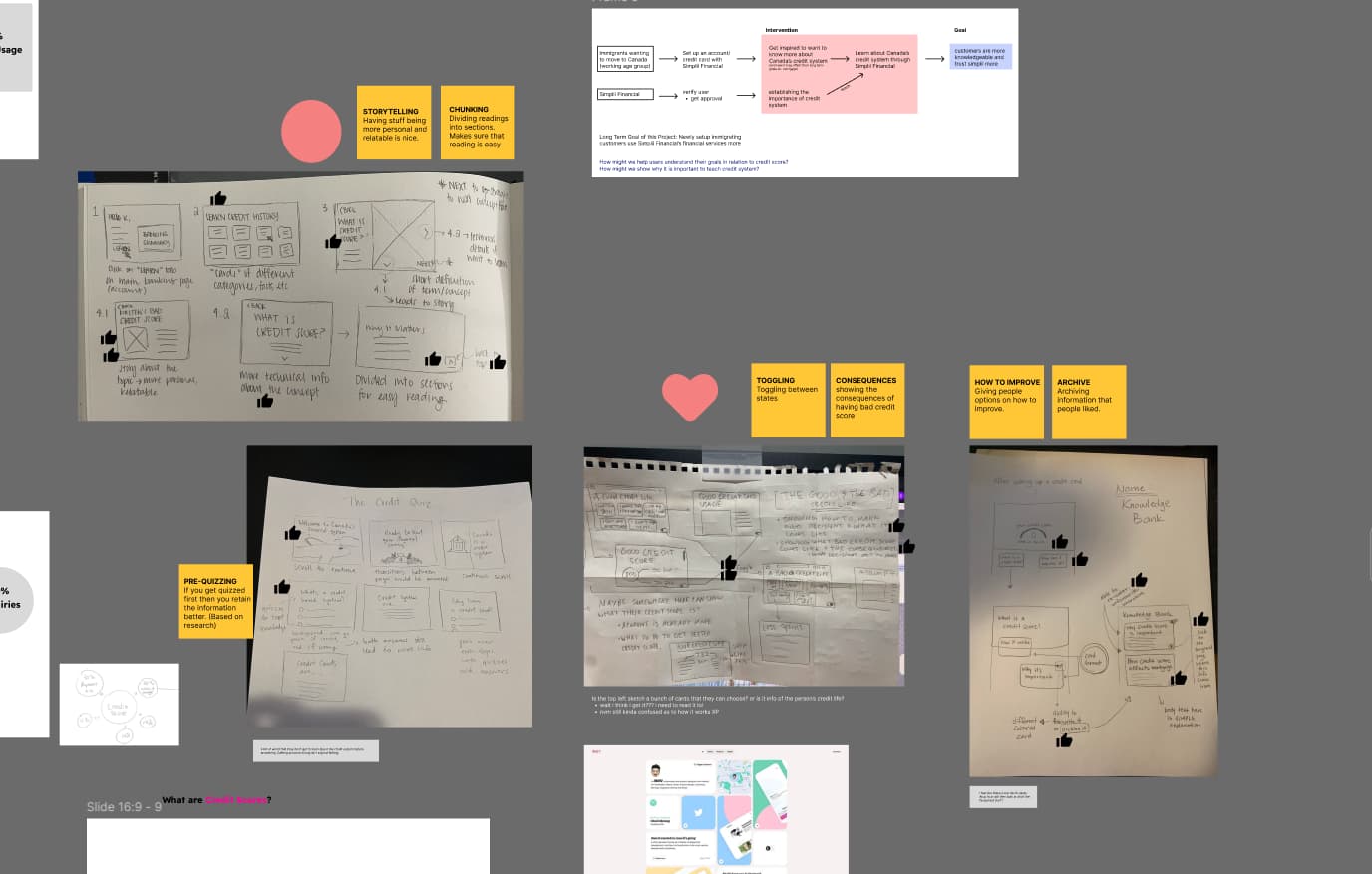 Sticky notes exploring storytelling, chunking, toggling, and consequences concepts