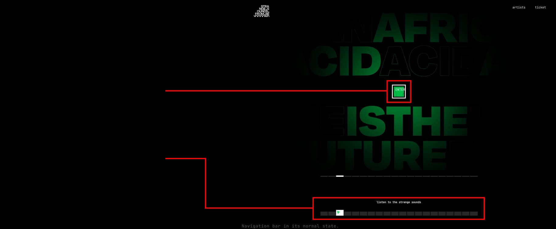 Annotated screens explaining the hover-to-reveal artist name interaction and the sound sample navigation bar