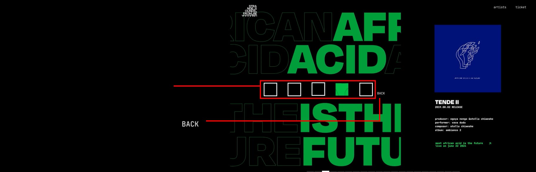 Annotated screen explaining the track selection squares and back button
