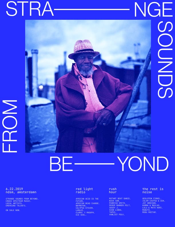 Blue festival poster with a portrait photo