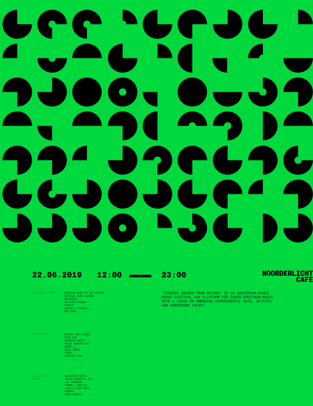 Green festival poster with black geometric shapes