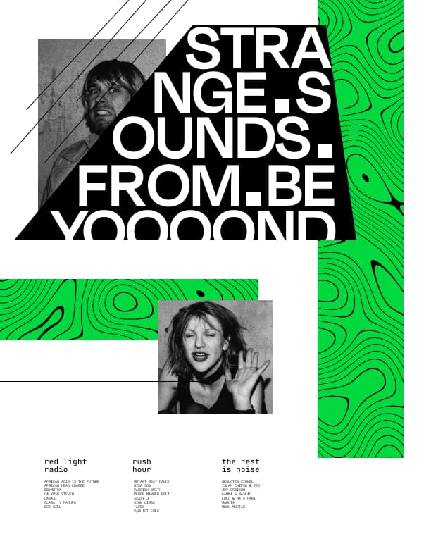 Black and green festival poster with a portrait photo