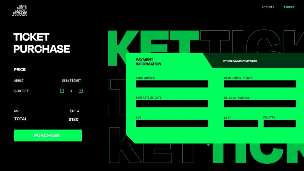 Ticket purchase screen with price, quantity, and payment fields