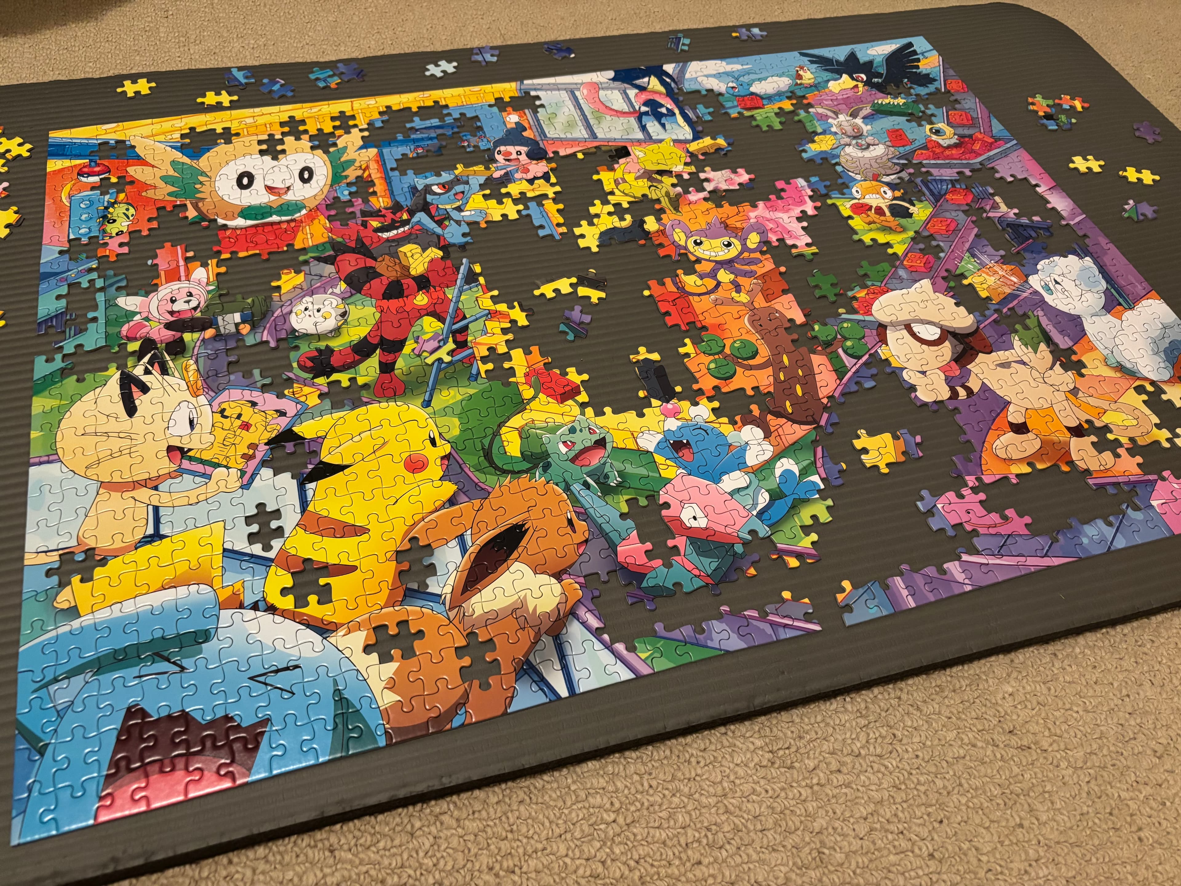 A colourful illustrated jigsaw puzzle on a table