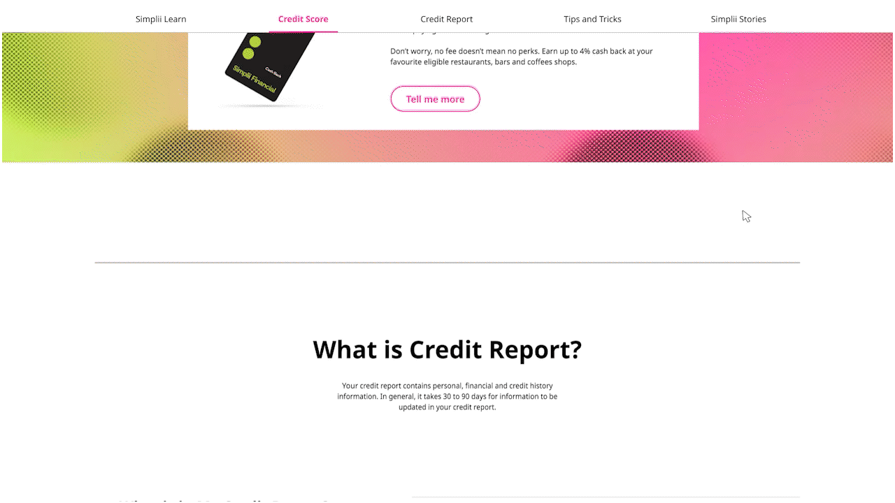 Interactive credit report page with a colourful gradient background